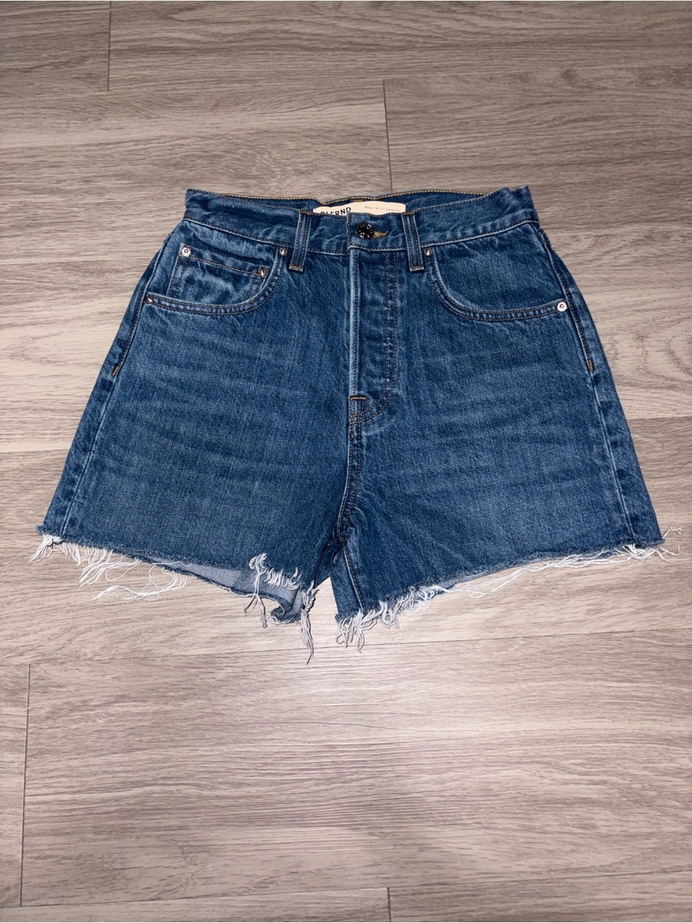 GRLFRND Dark Blue High-Rise Raw Hem Denim Shorts